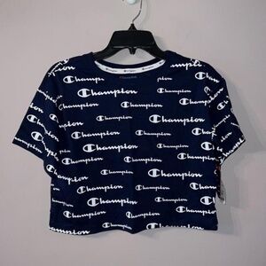 New Navy Blue Champion Print cropped Tee Shirt- XS  Cropped  Champion  Crop top